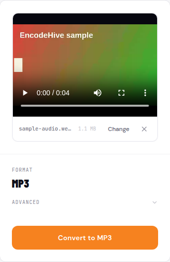 The loaded video showing file name, file size, output format set to MP3, and an orange Convert to MP3 button