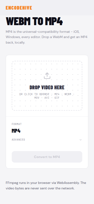 EncodeHive MP4 to GIF converter open in a browser, showing the drop zone and page heading