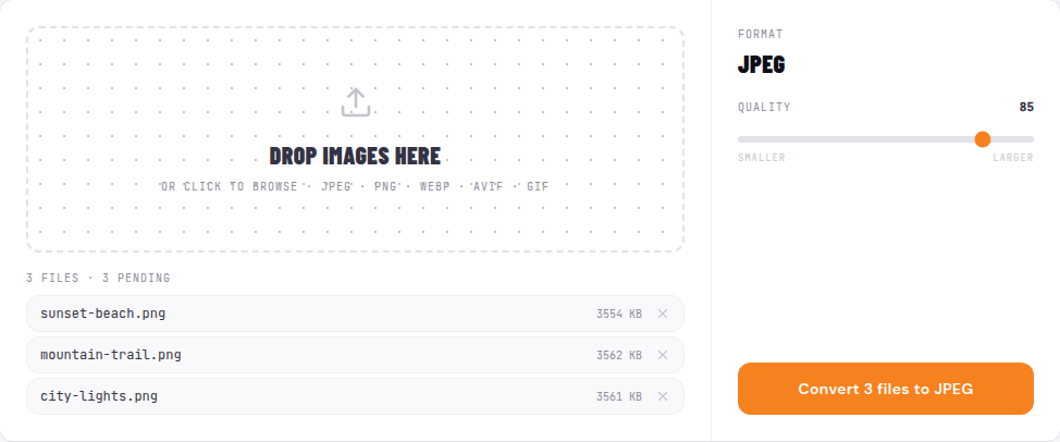 The converter with PNGs queued, the output format locked to JPEG, and the quality slider set to 85