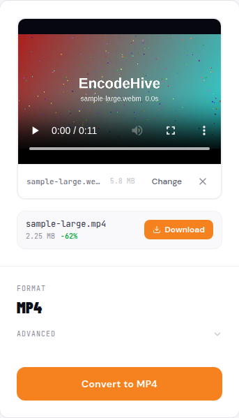 The finished MP4 with a size-reduction badge and an orange Download button